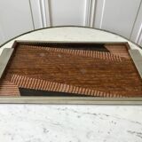 Plateau miroir en chrome, verre, bois et marqueterie années 60-70