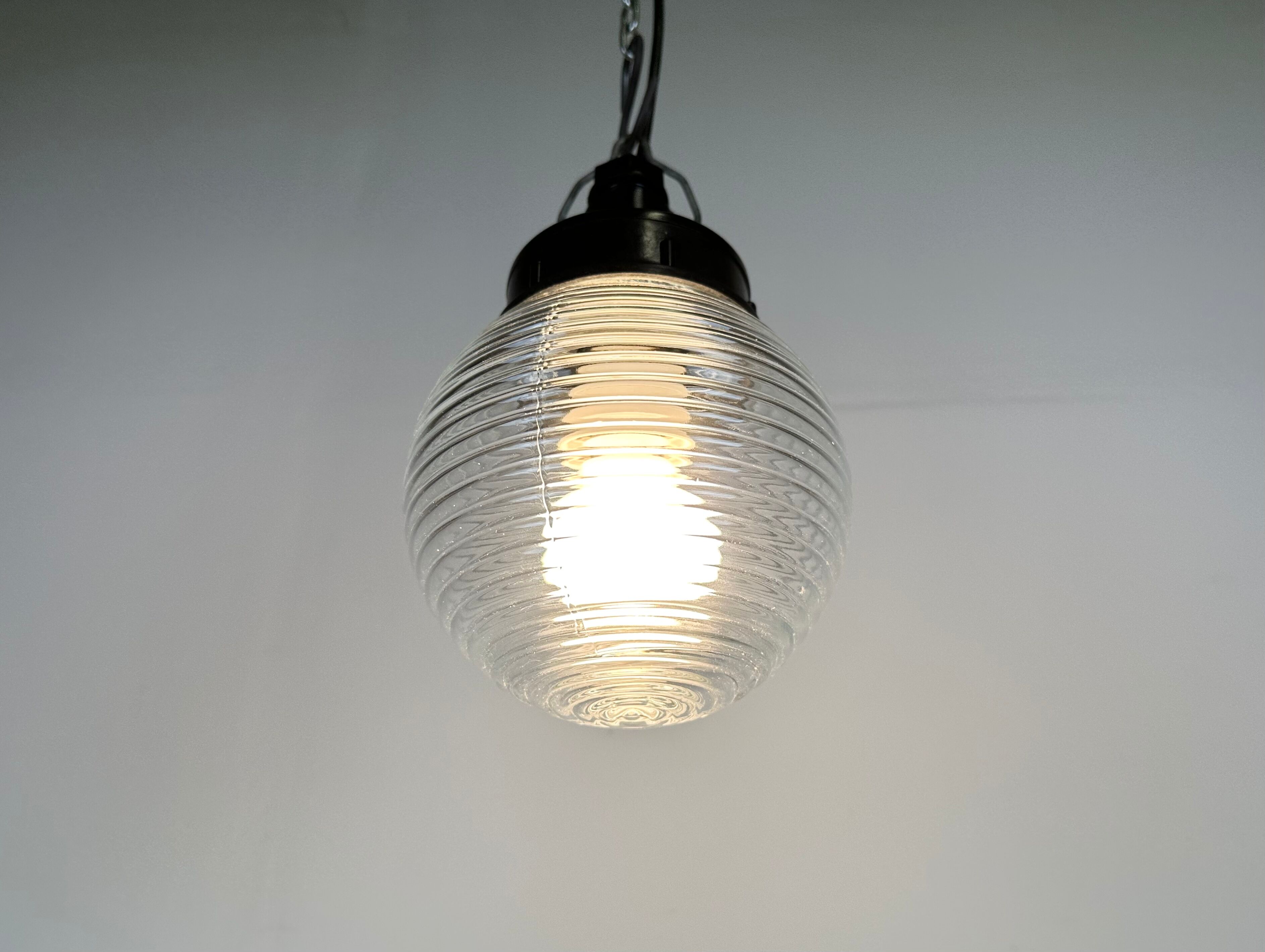 Industrial bakelite pendant light with ribbed glass, 1970s
