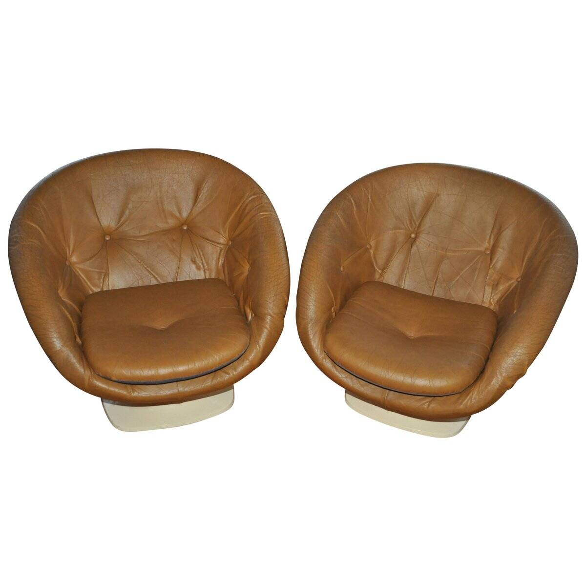 Paire de fauteuils club tulipe en plastique ivoire et cuir marron par Rafael Raffel (1970s)
