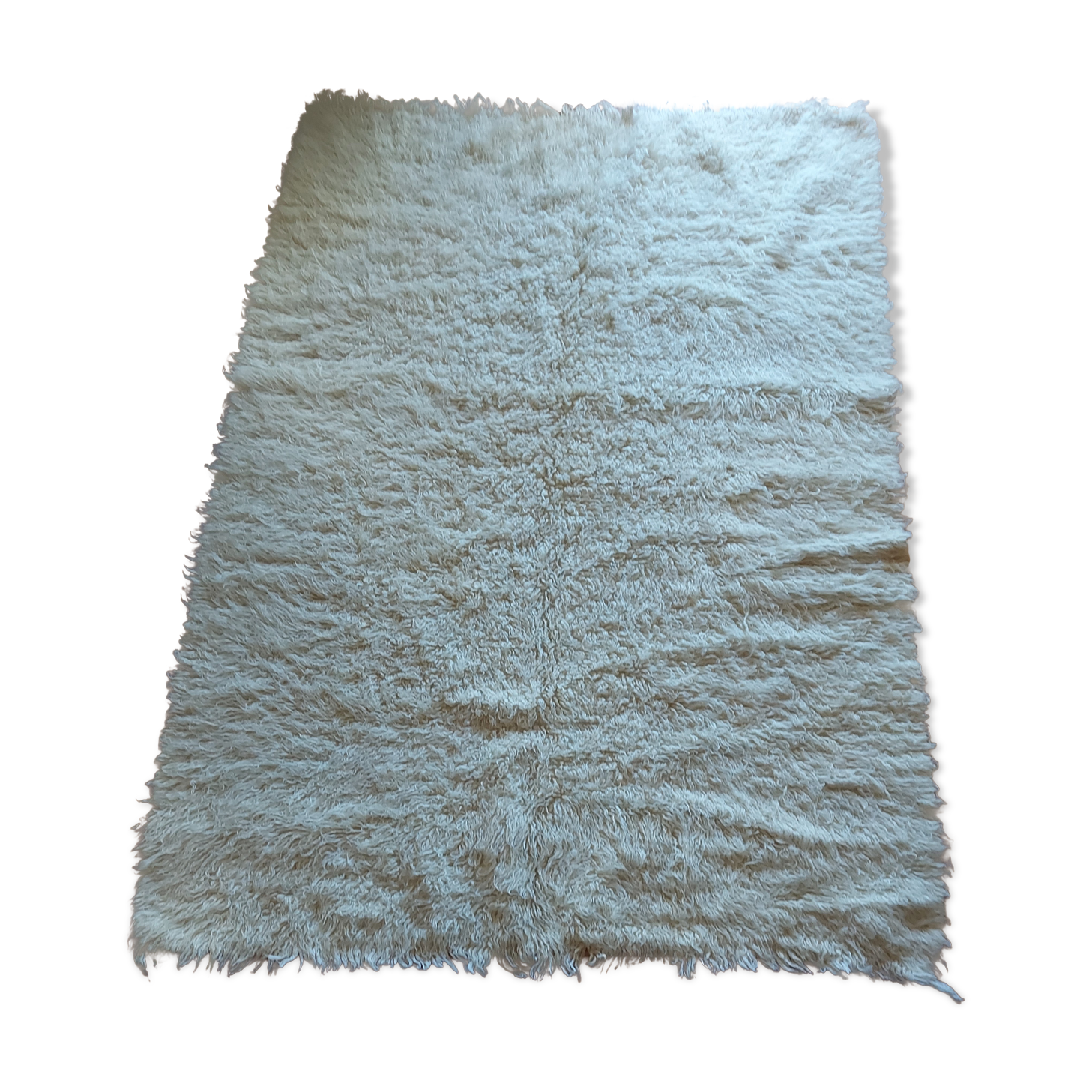 LARGE WHITE CARPET WITH LONG HAIR - PURE WOOL - 156 X 220 CM - VINTAGE