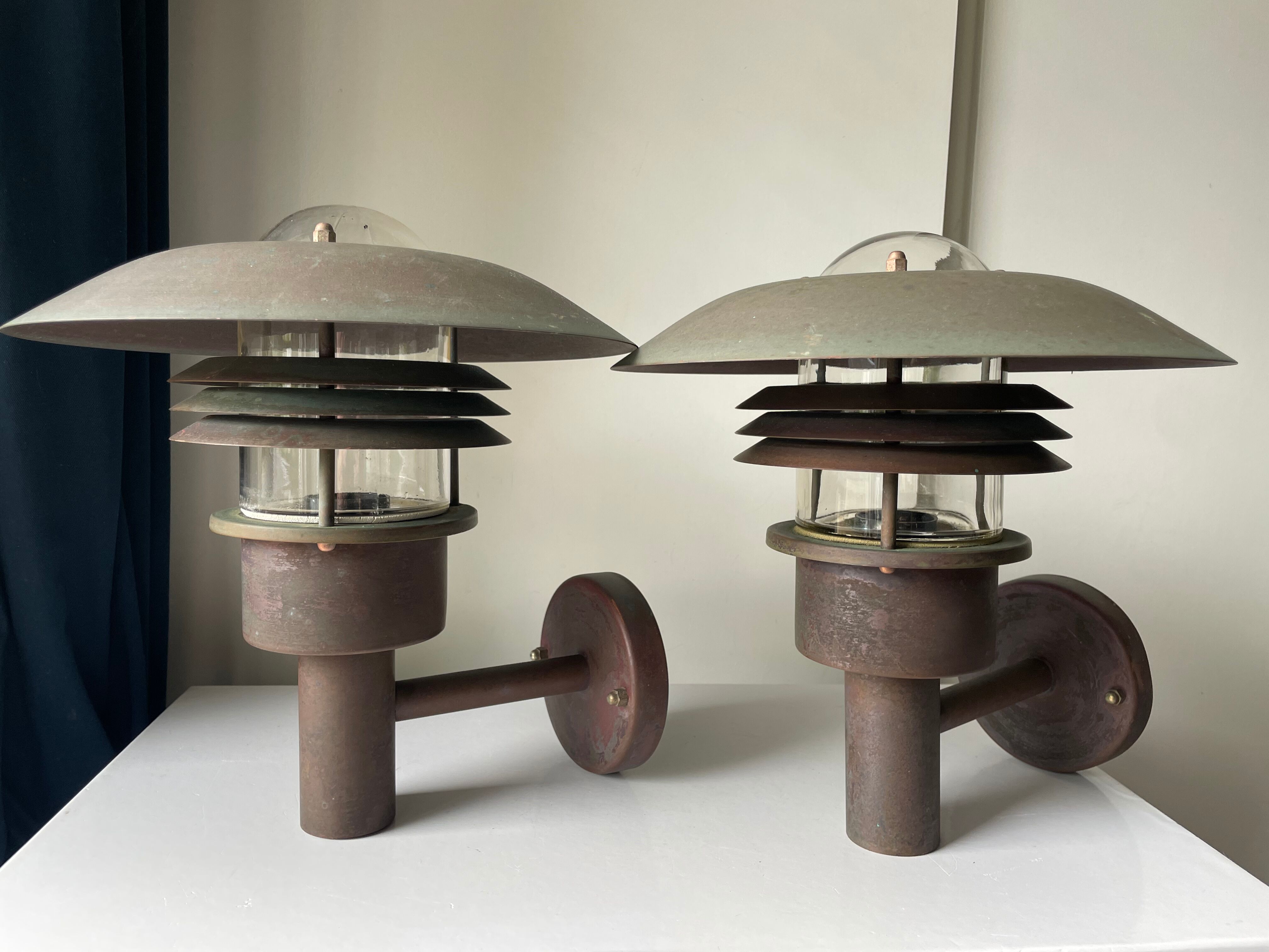 Pair of classic danish vintage  outdoor wall lamps in copper
