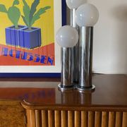 Hollywood regency 3 lights metal and opaline glass table lamp, Lama, Italy 1970s