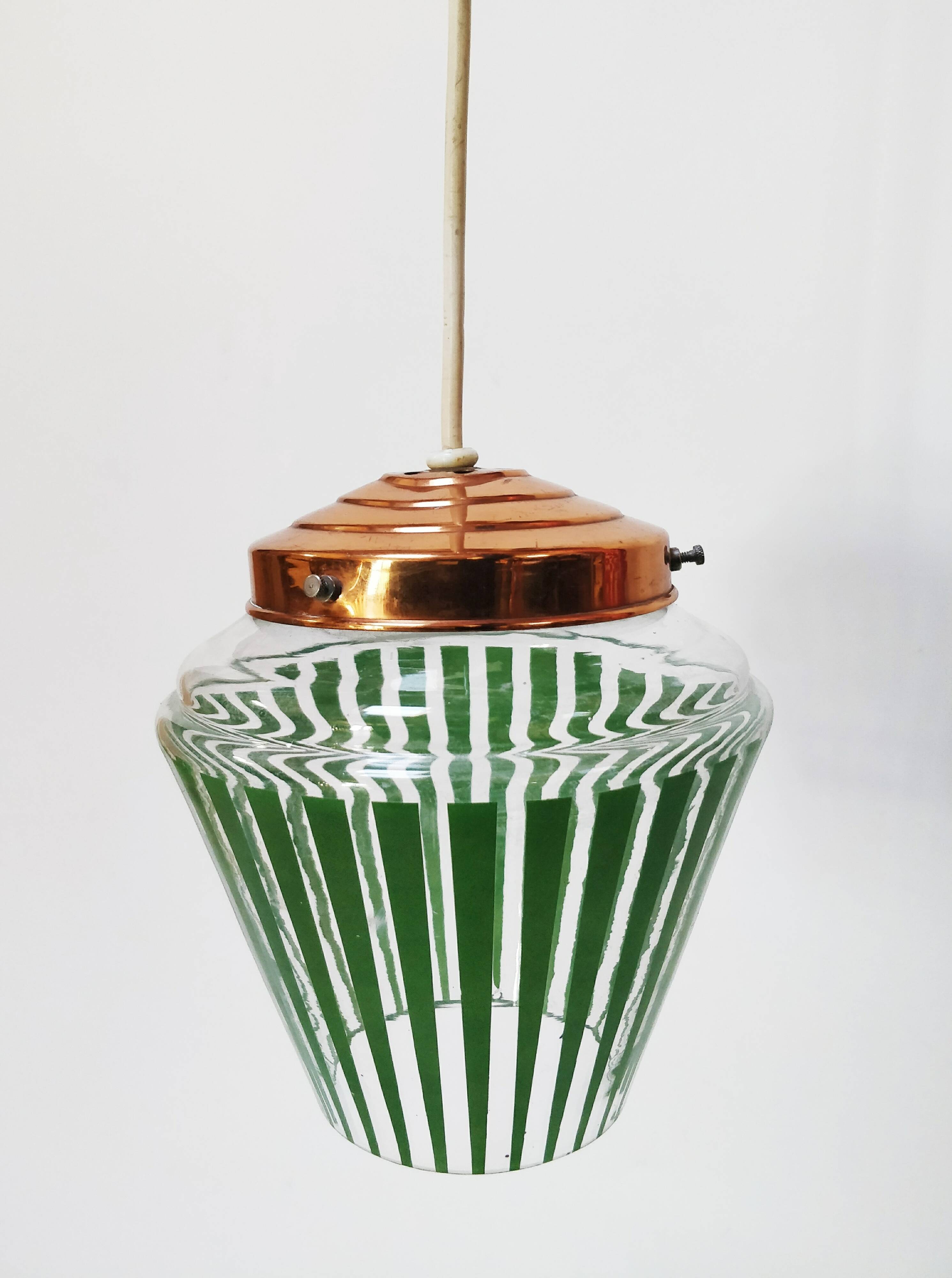 Vintage green striped glass pendant light