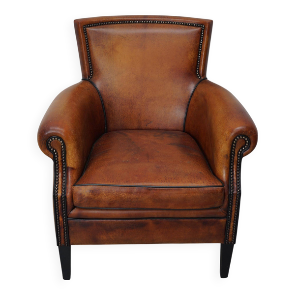 Fauteuil club vintage hollandais en cuir couleur cognac