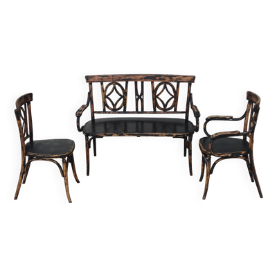 Salon Baumann en bois courbé et rotin, chaise bistrot, fauteuil et banc