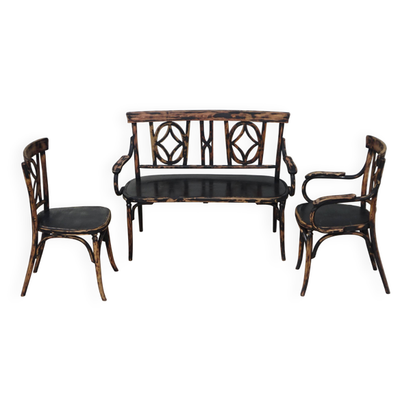 Salon Baumann en bois courbé et rotin, chaise bistrot, fauteuil et banc