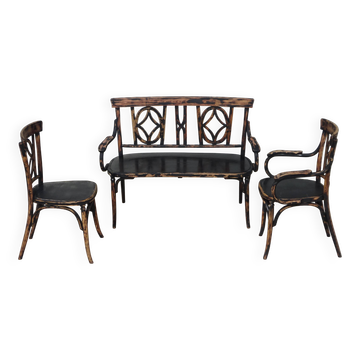 Salon Baumann in bent wood and rattan, bistro chair, armchair and bench.