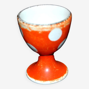Vintage red egg cup with white polka dots in Sarreguemines earthenware H6.5cm