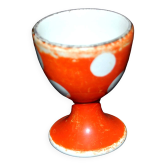 Vintage red egg cup with white polka dots in Sarreguemines earthenware H6.5cm