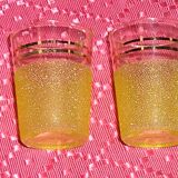 Service à liqueur en verre granité jaune avec présentoir métal, années 60/70