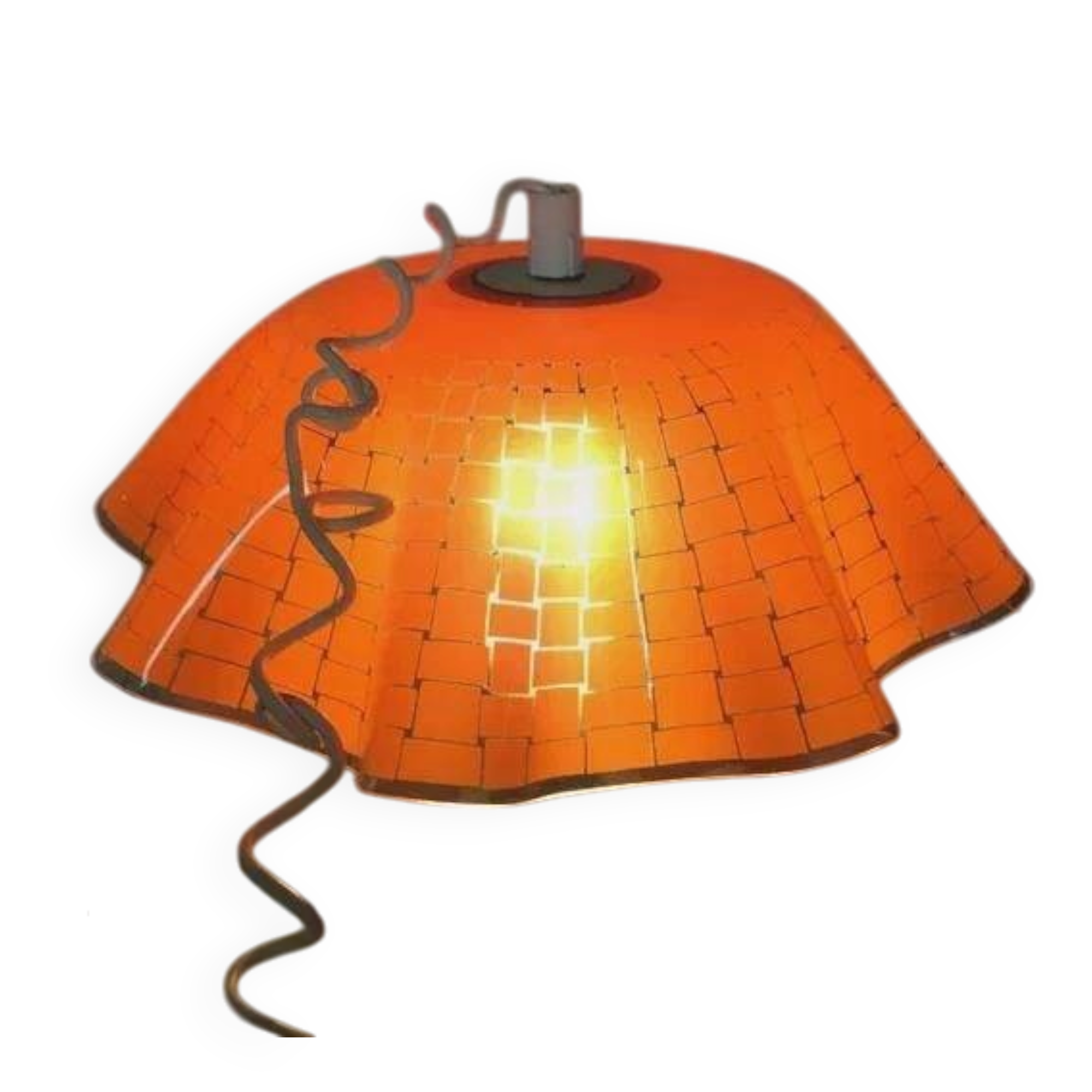 Polish ceiling lamp, orange hand-painted glass with wavy edge, 1970s-80s