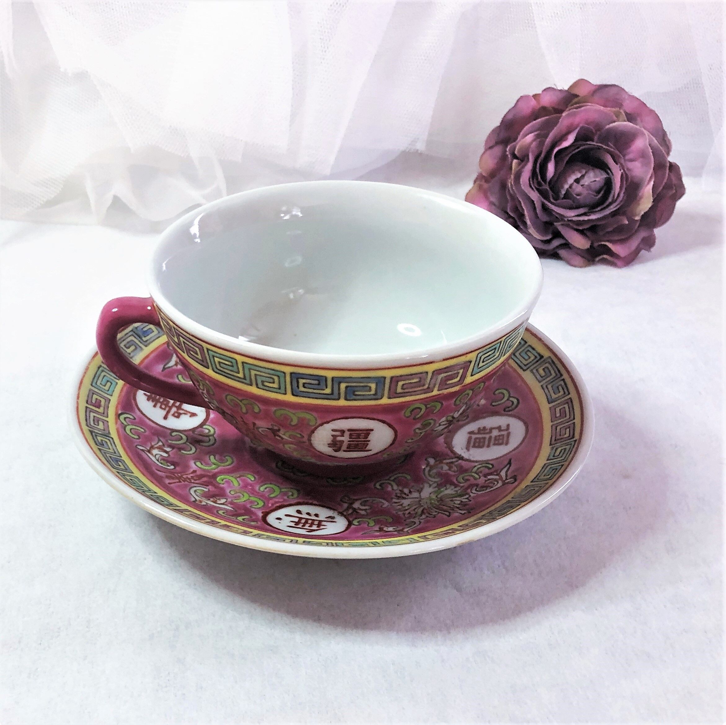 Chinese Cup and saucer Wan Shou Wu Jiang vintage