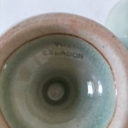 Ensemble 4  coupelles artisanales en céramique – émail céladon & style raku
