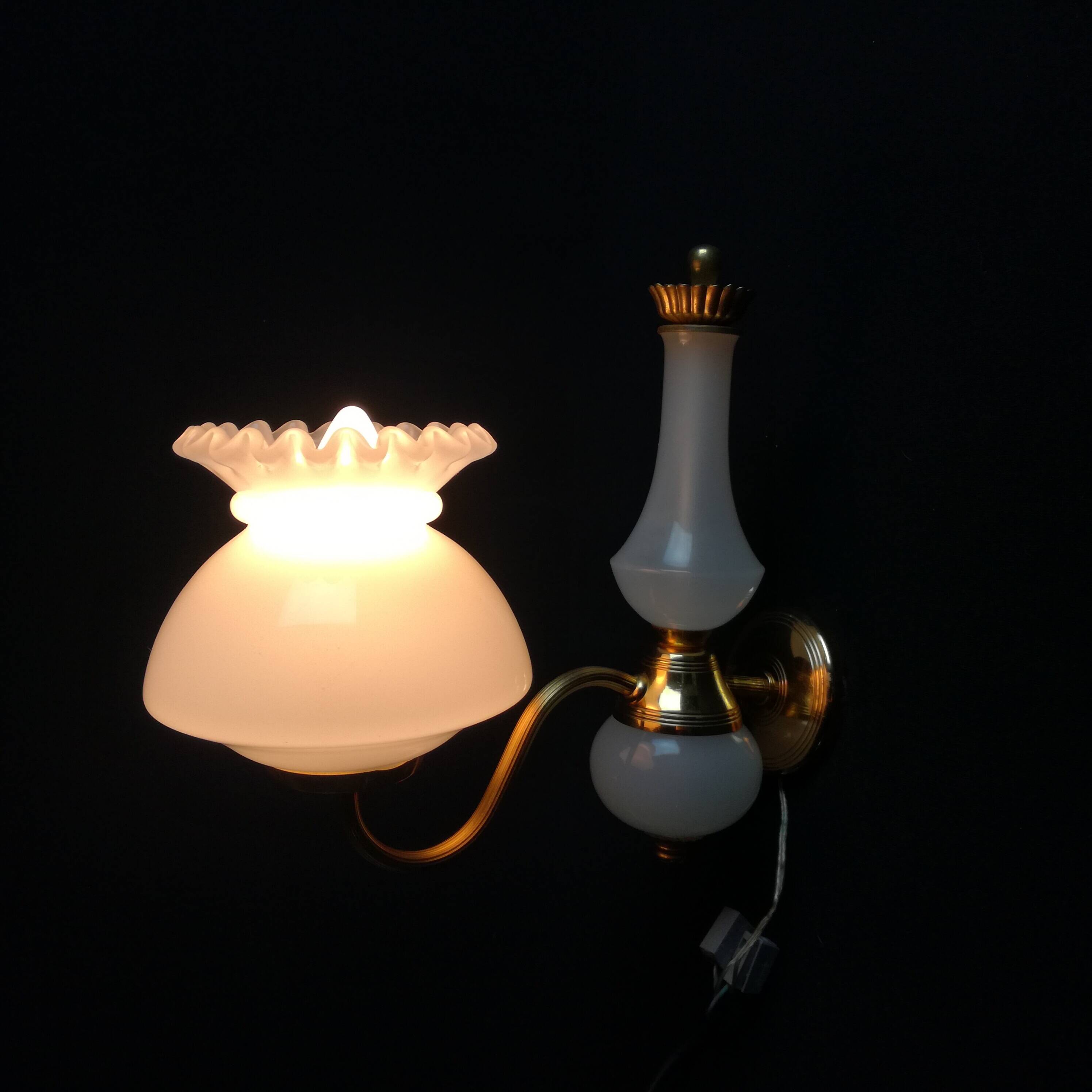 2 wall lights in gold metal and milky glass, swan neck