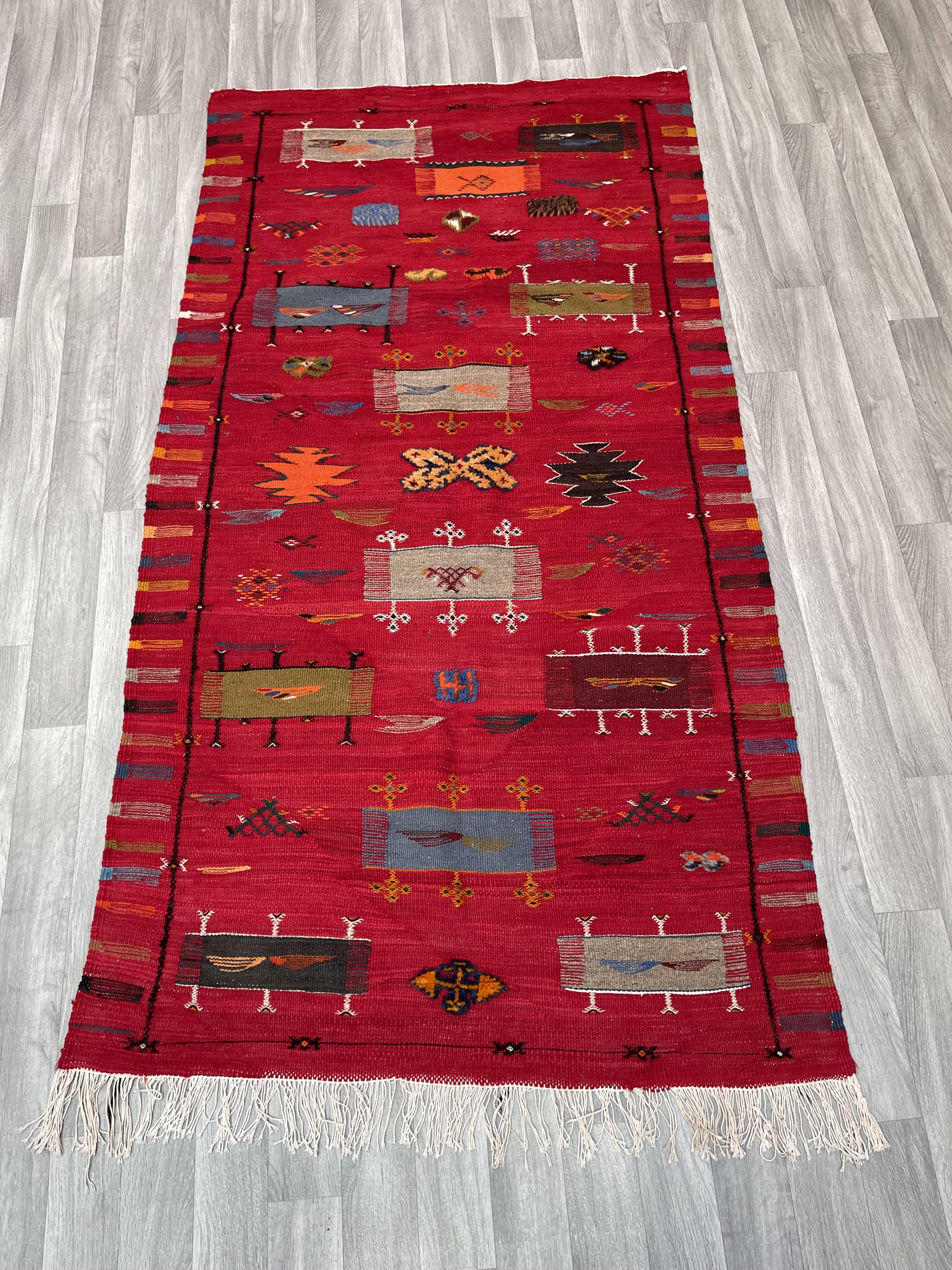 Unique and medium berber kilim, red rug, moroccan kilim, decoration rug