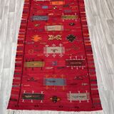 Unique and medium berber kilim, red rug, moroccan kilim, decoration rug