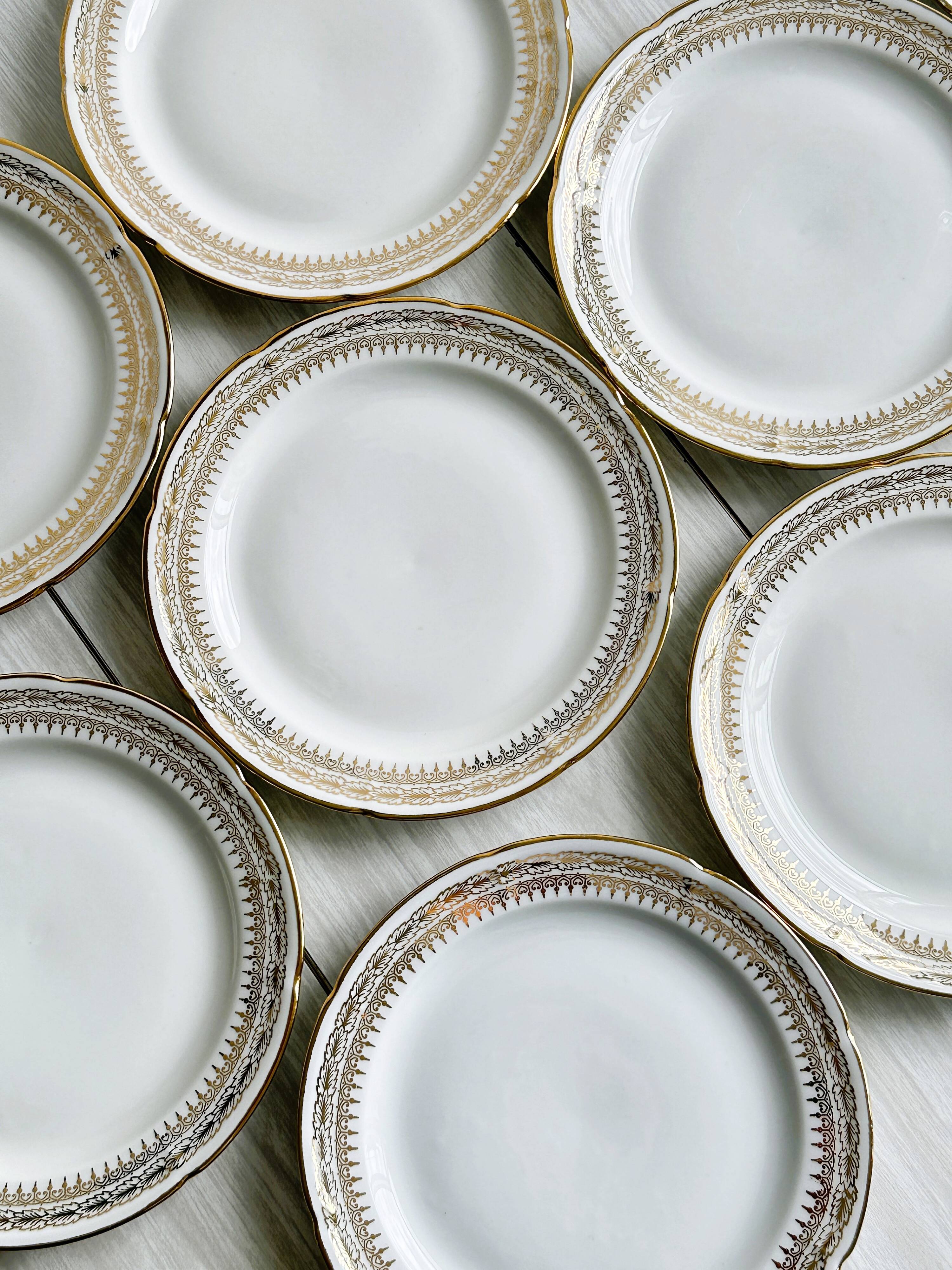 12 Limoges porcelain dessert plates, gold decoration.