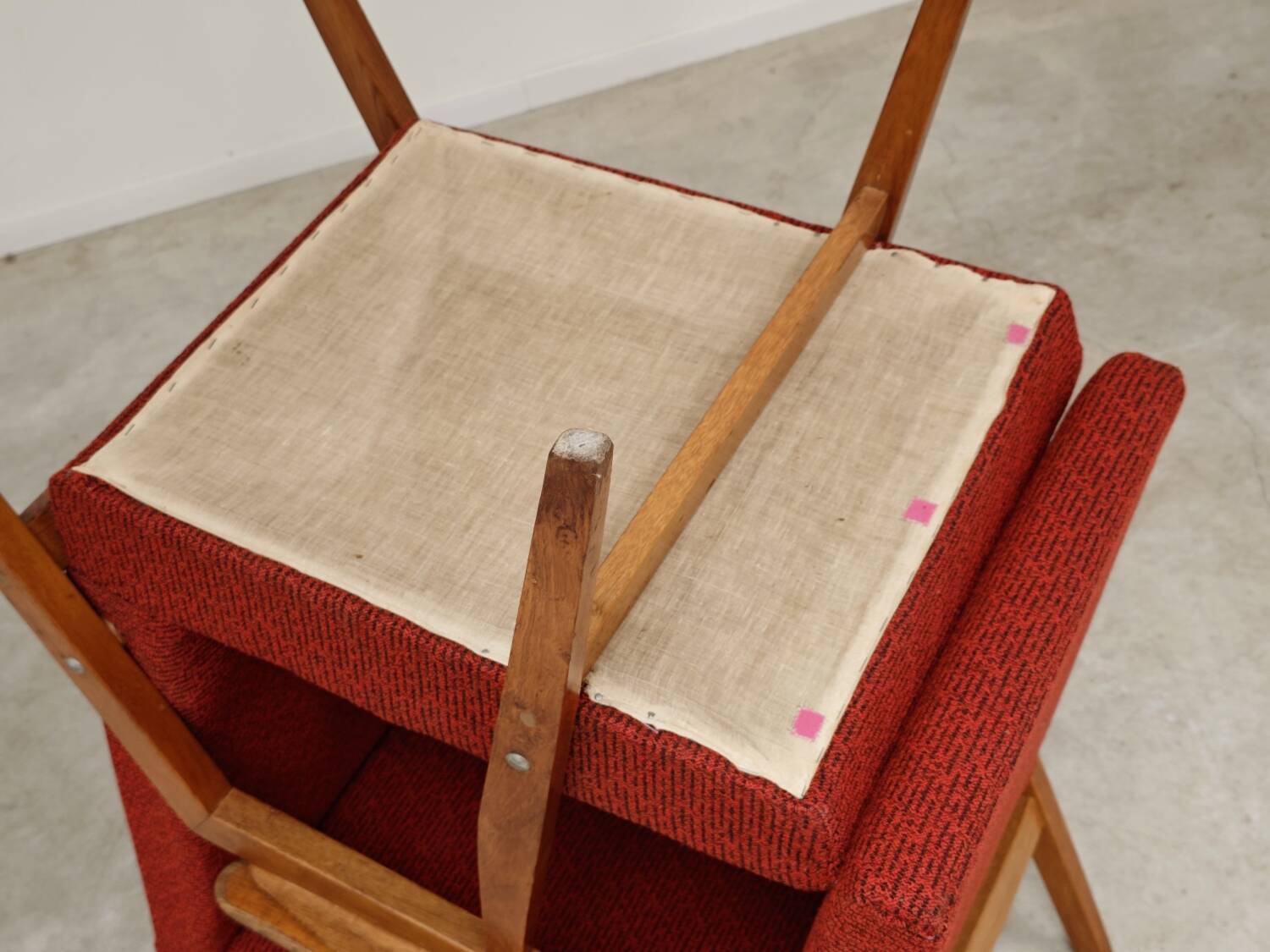 Pair of Uluv red Eastern Bloc armchairs, 1960s