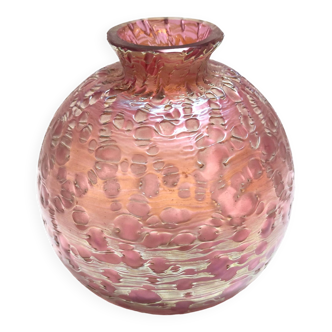 Vase vintage en verre soufflé gravé rose irisé « Diaspora » par Loetz