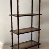Vintage wooden shelf with cane, colonial style, 4 levels.