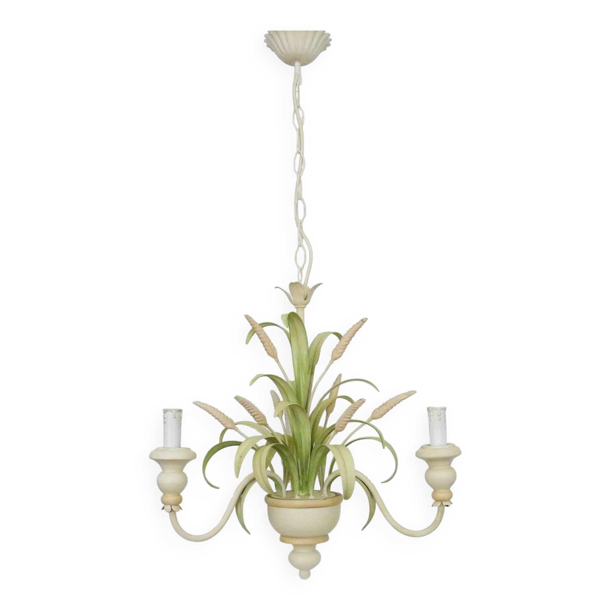 Masca vintage wheat stalk chandelier in off-white and pastel green metal.