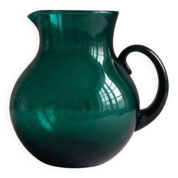 Grand pichet / carafe vintage en verre soufflé vert émeraude, travail