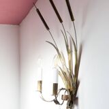 Vintage wall light with rush and leaves in sheet metal and gold metal
