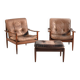 Scandinavian teak and leather lounge set with two armchairs and ottoman