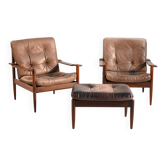 Scandinavian teak and leather lounge set with two armchairs and ottoman