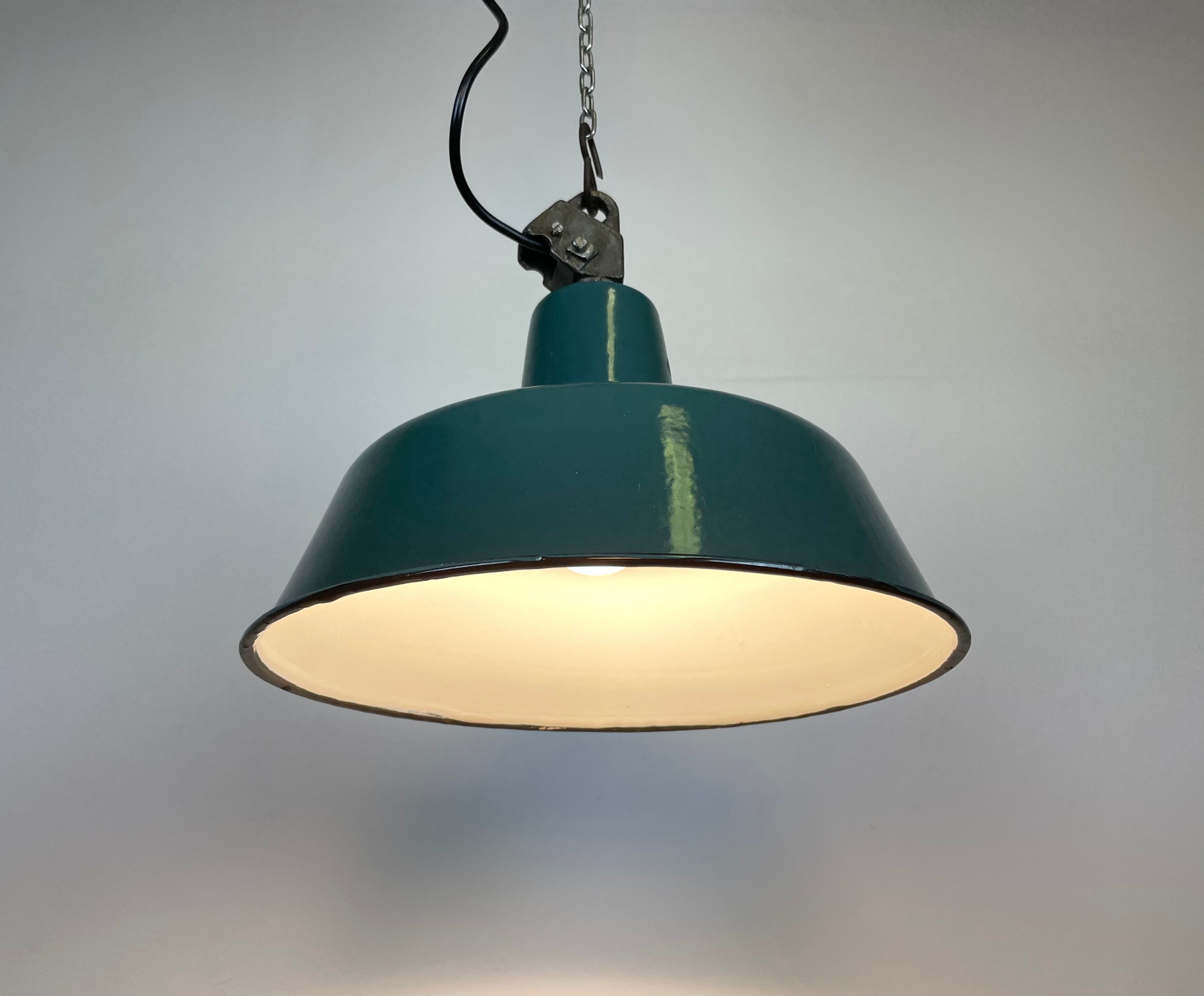 Industrial Green Enamel Factory Lamp with Cast Iron Top, 1960s