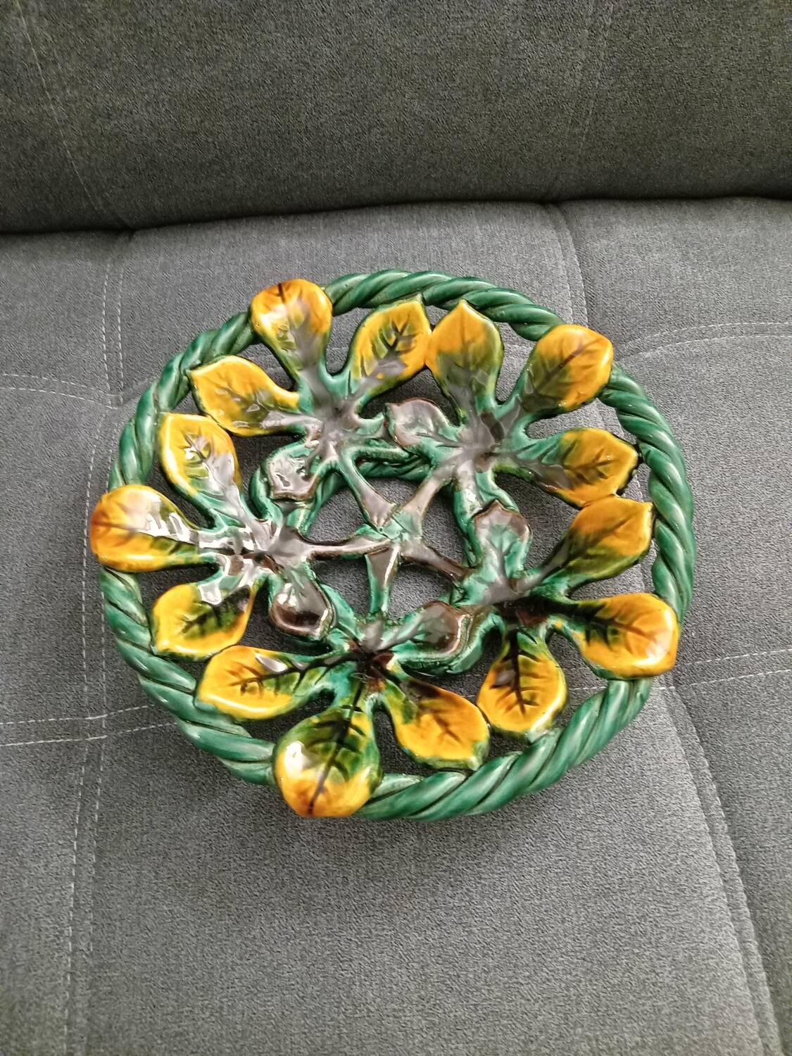 Vintage basket made of woven and glazed ceramic