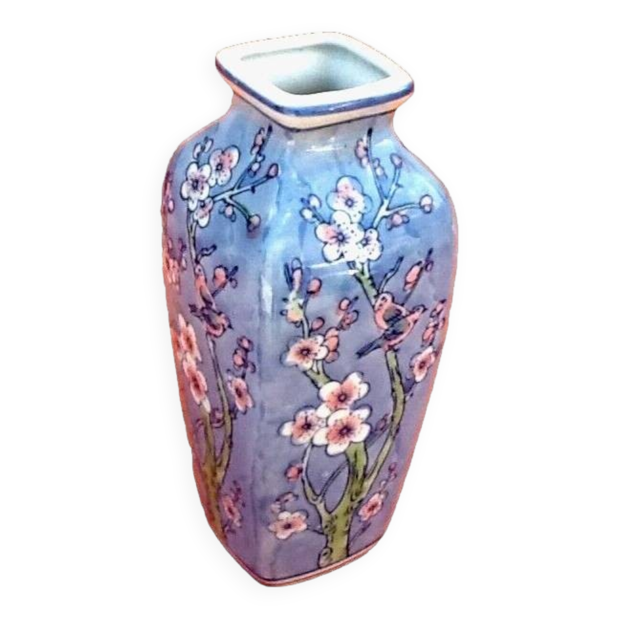 Asian porcelain vase with trendy bird decor / lotus flowers