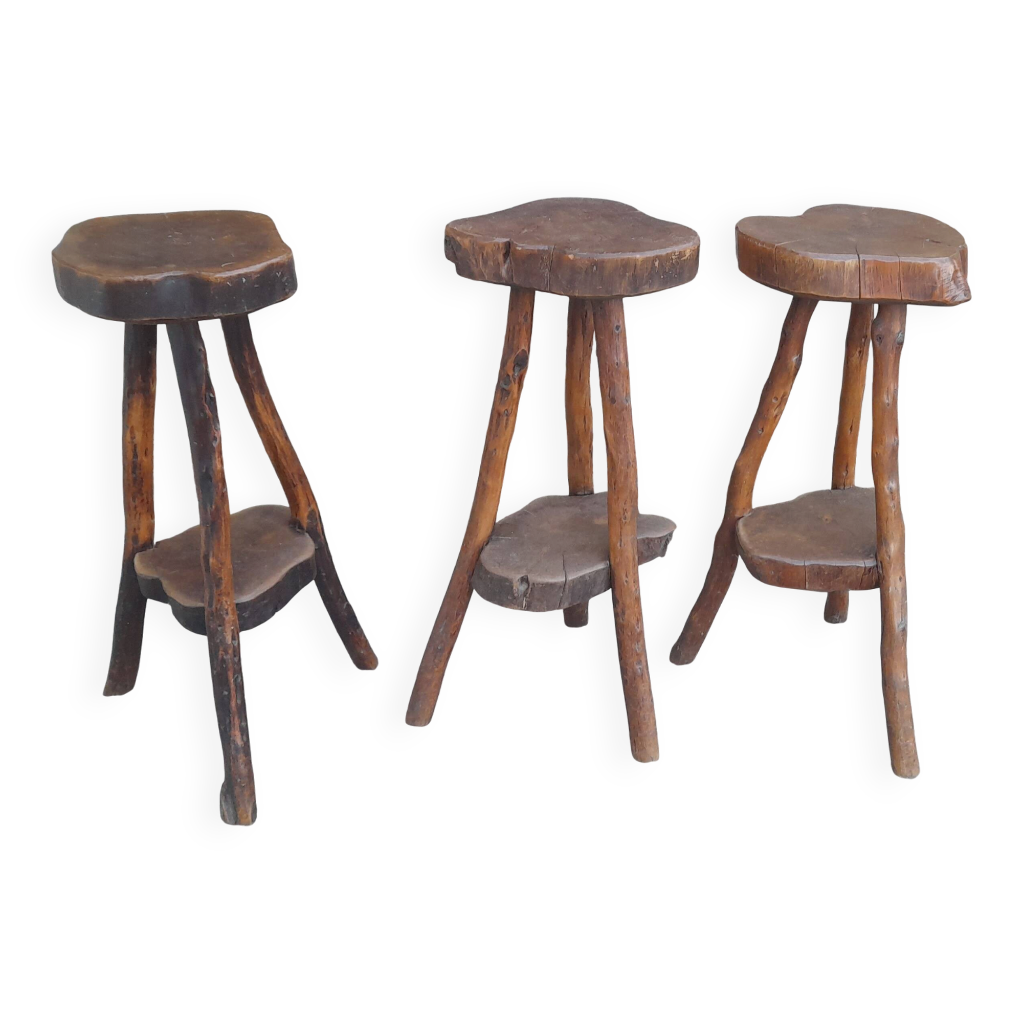 3 tabourets brutaliste en bois H 80 cm