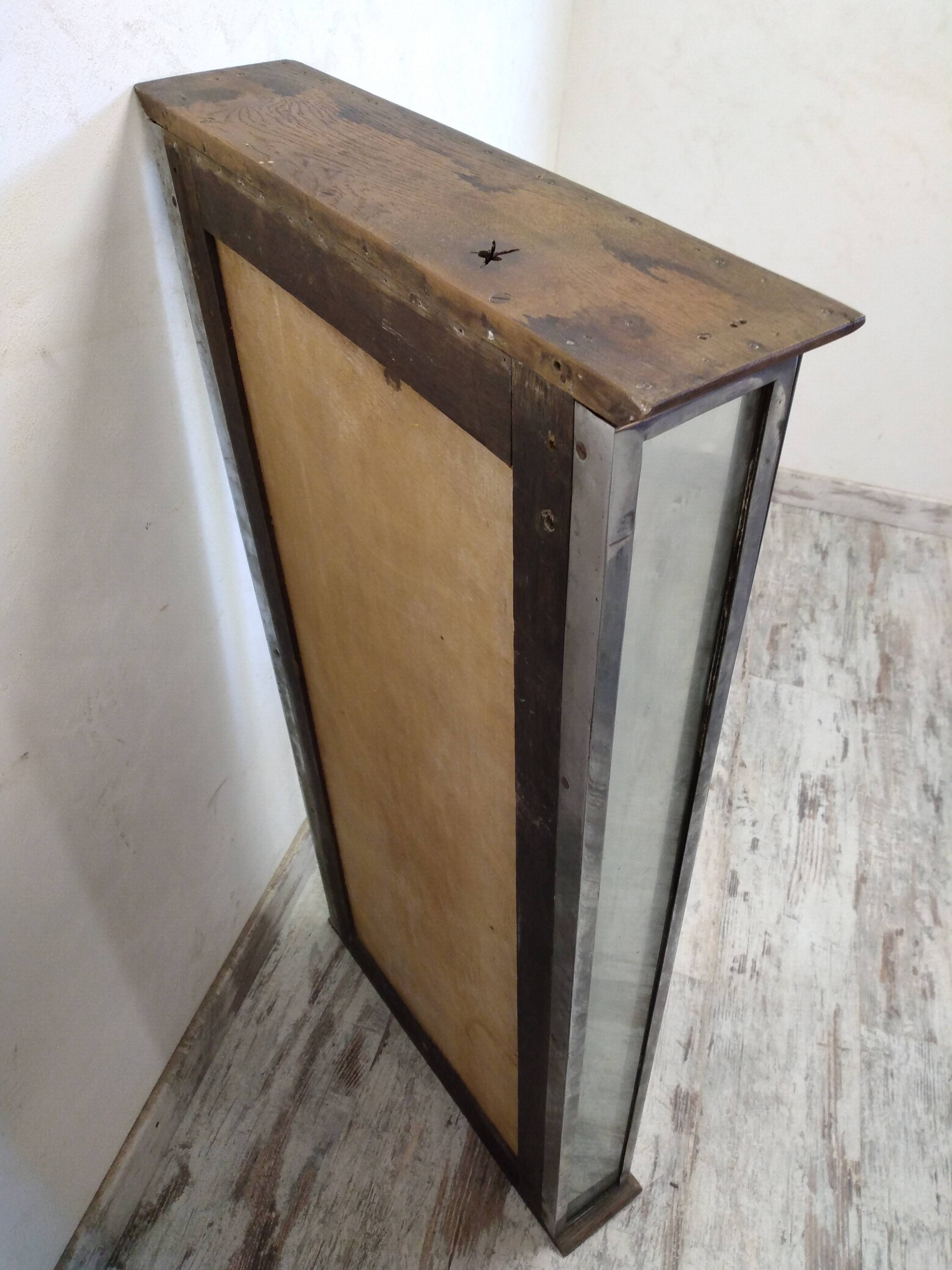 Atypical old wooden and metal wall display case