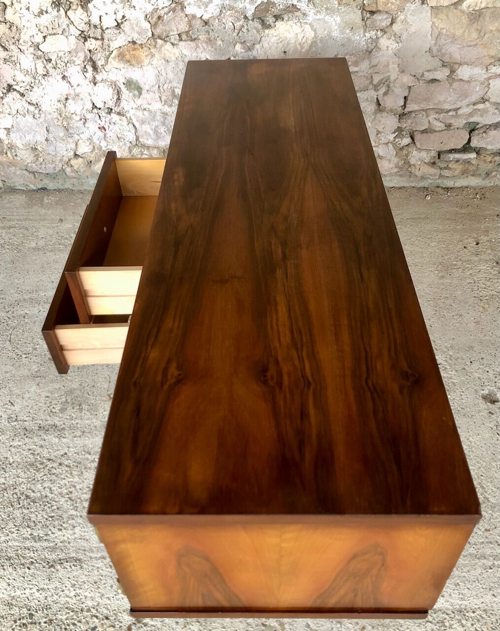 Vintage low row in flame walnut, by G N B , Circa 60