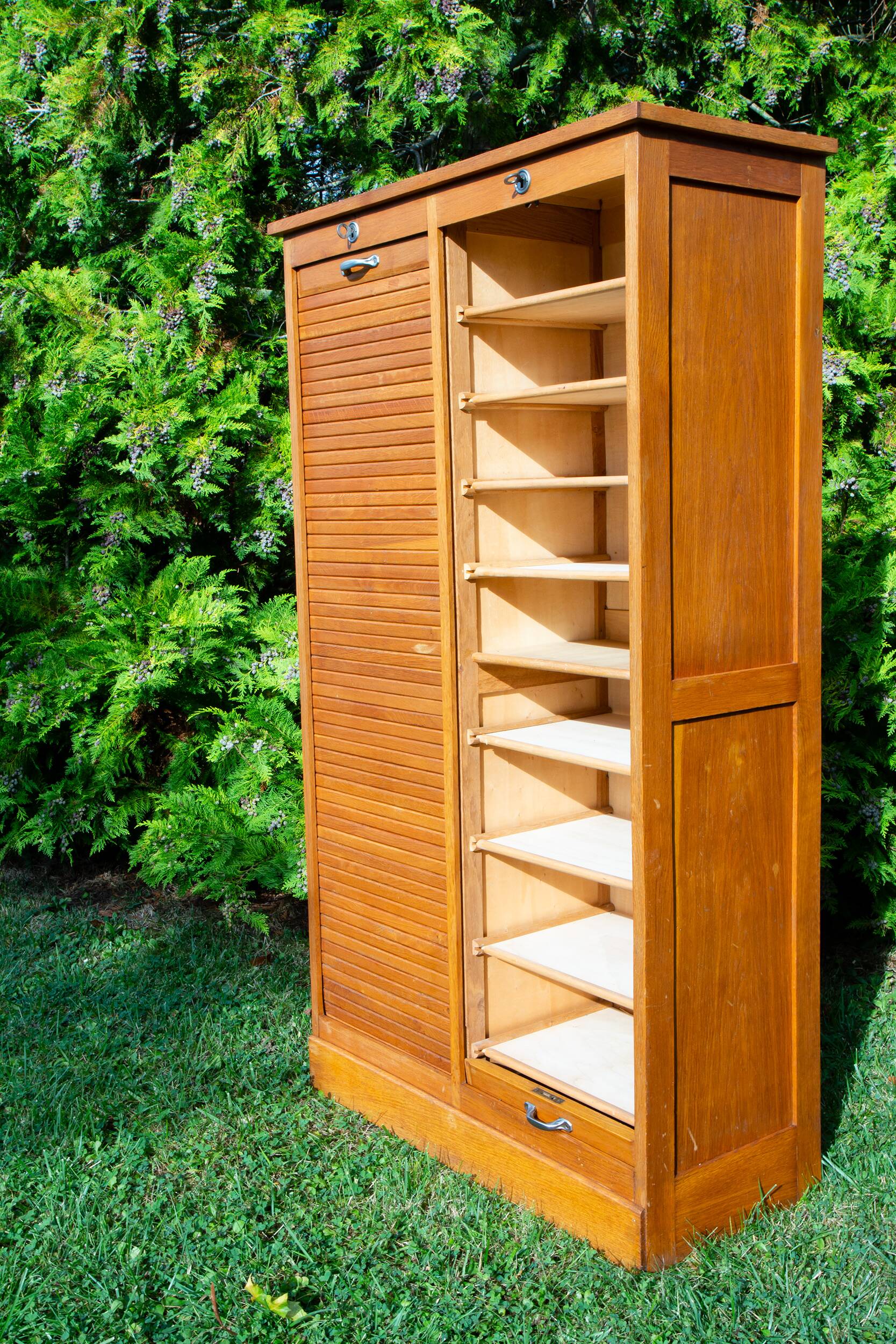 Double curtain file cabinet, 1950s, light oak