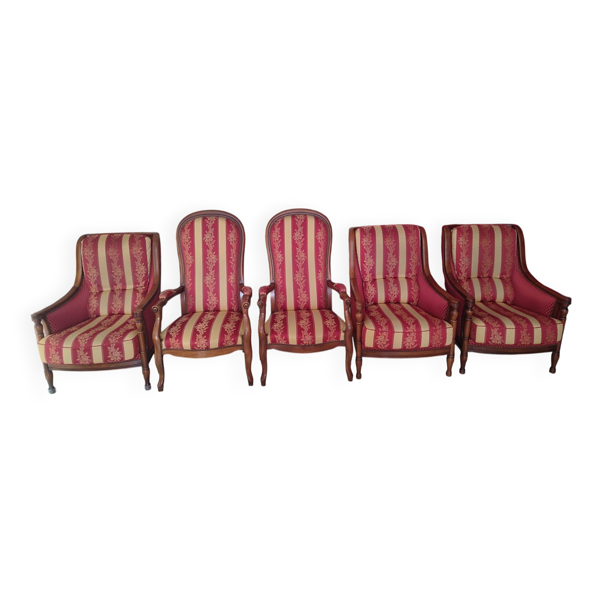 Lot de 5 fauteuils (2 voltaire et 3 fauteuils classiques bois massif)