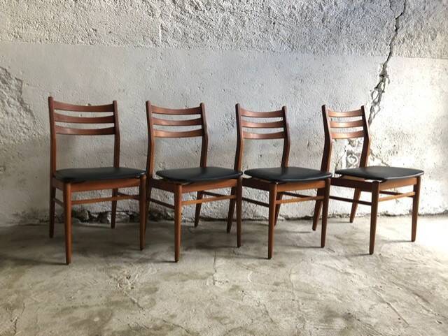 Set of 4 wooden and black imitation leather chairs, Scandinavian chair, wooden chair