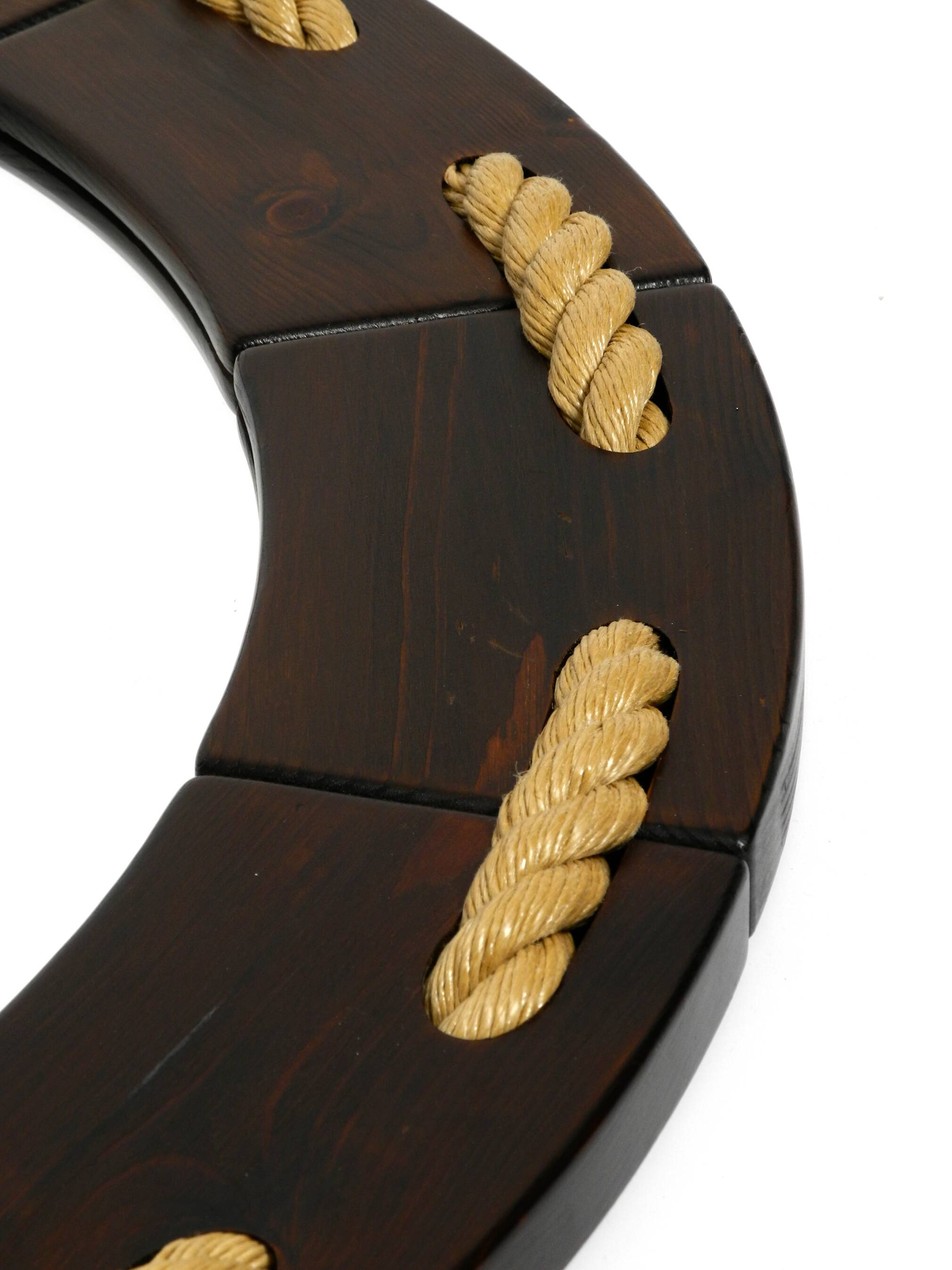 Huge 1970s maritime round pine wood wall mirror from Denmark | ∅ 89cm