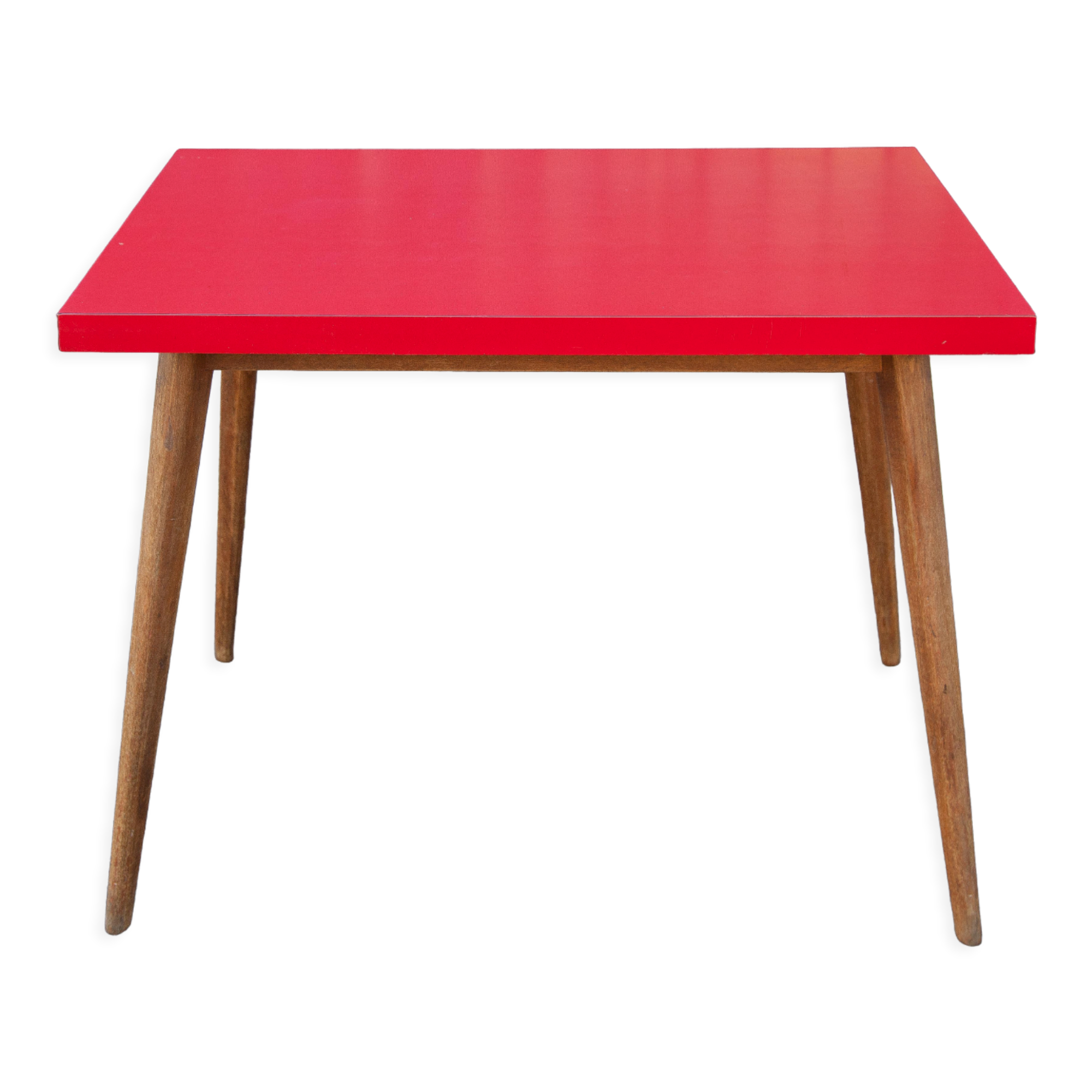 Vintage bistro table, wooden table and red formica feet compass, kitchen, countryside