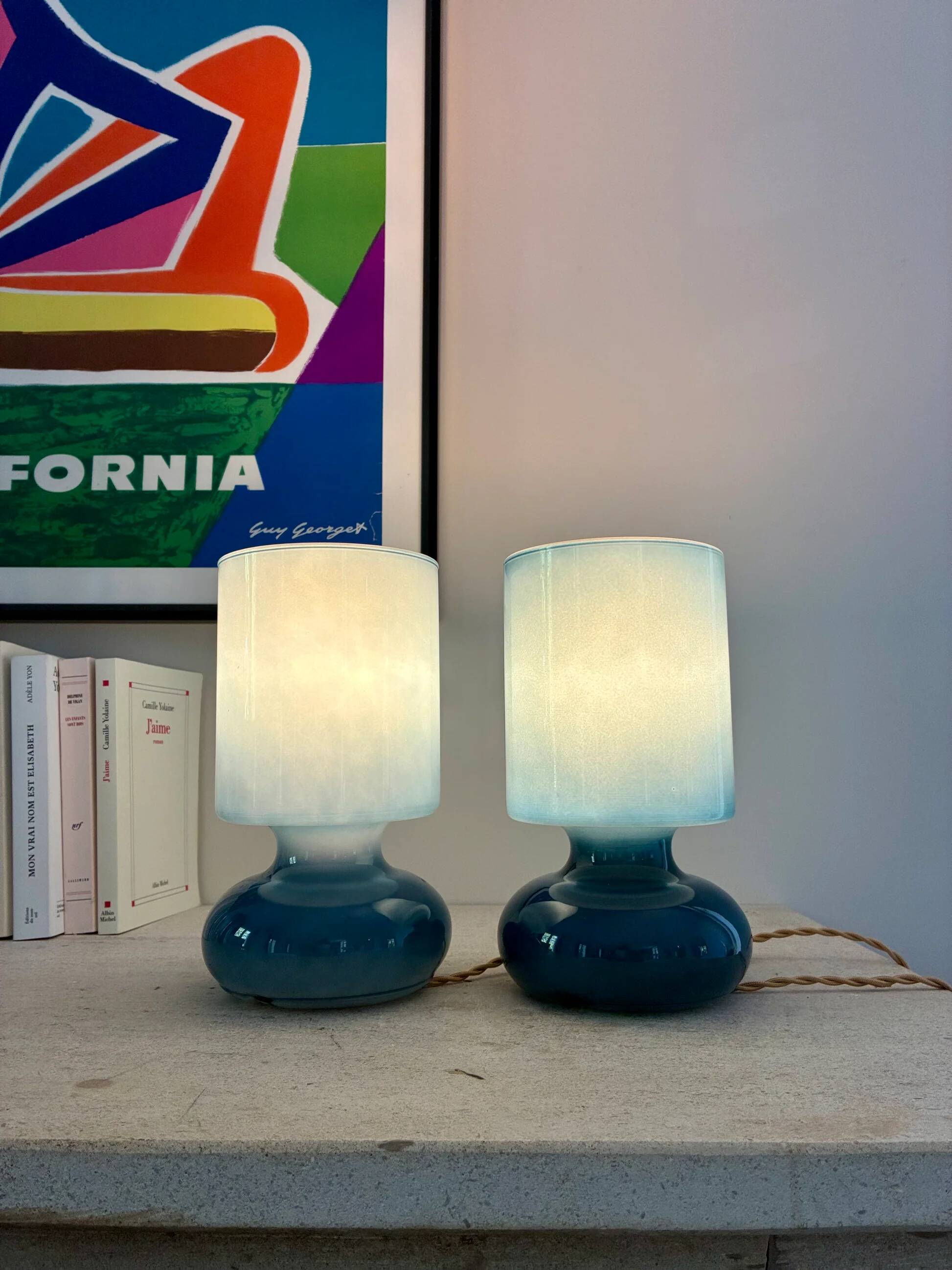 Pair of "Space Age" blue glass bedside lamps, 1980s