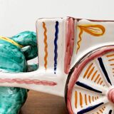 Vintage Italian hand-painted sculpture of a donkey with a cart in the shape of a bowl from Deruta, Italy.