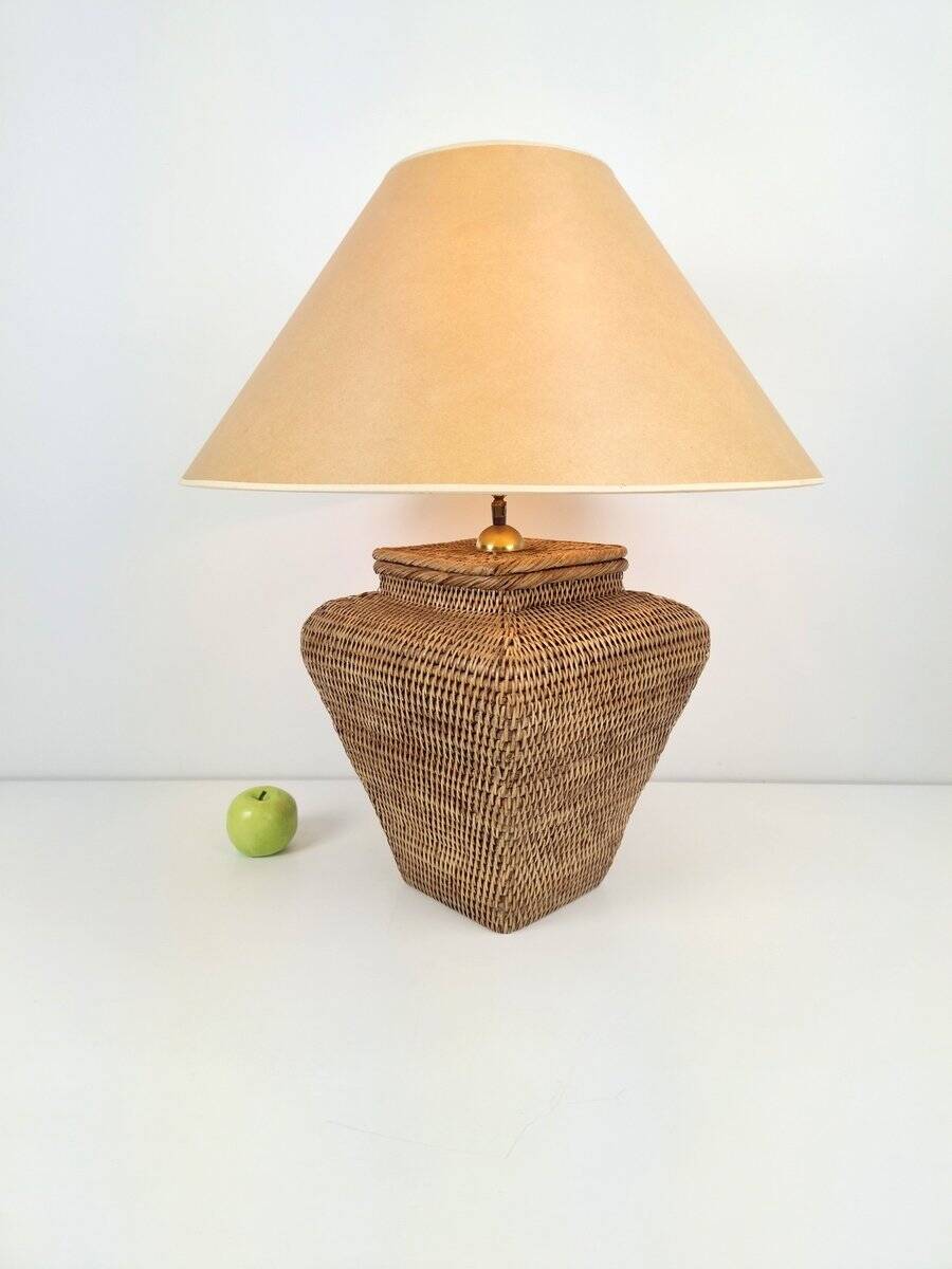 Large Hand Woven Wicker Rattan Table Lamp, France, 1970s
