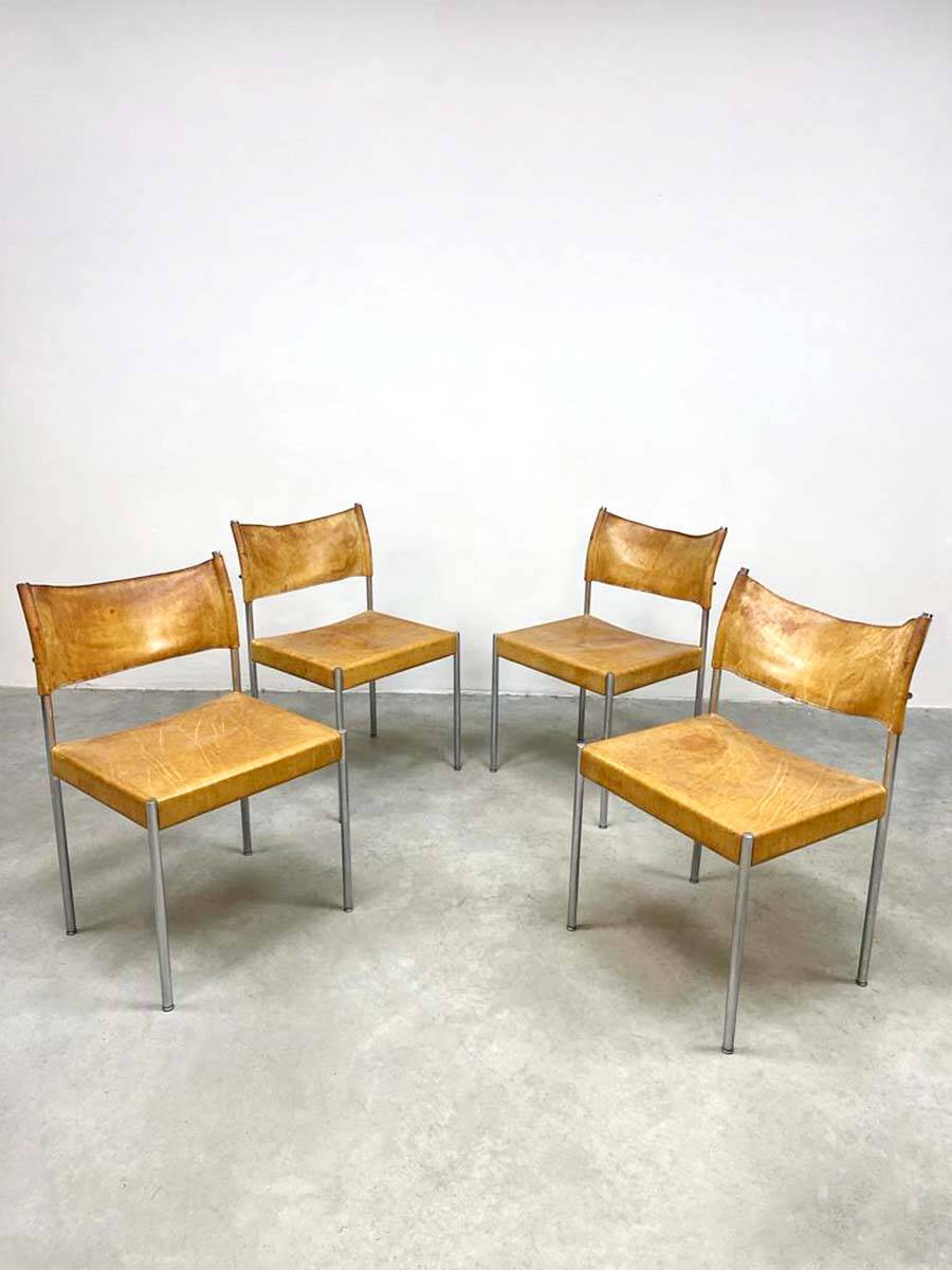 Vintage Dutch design chrome dining set leather chairs 'Minimalism'