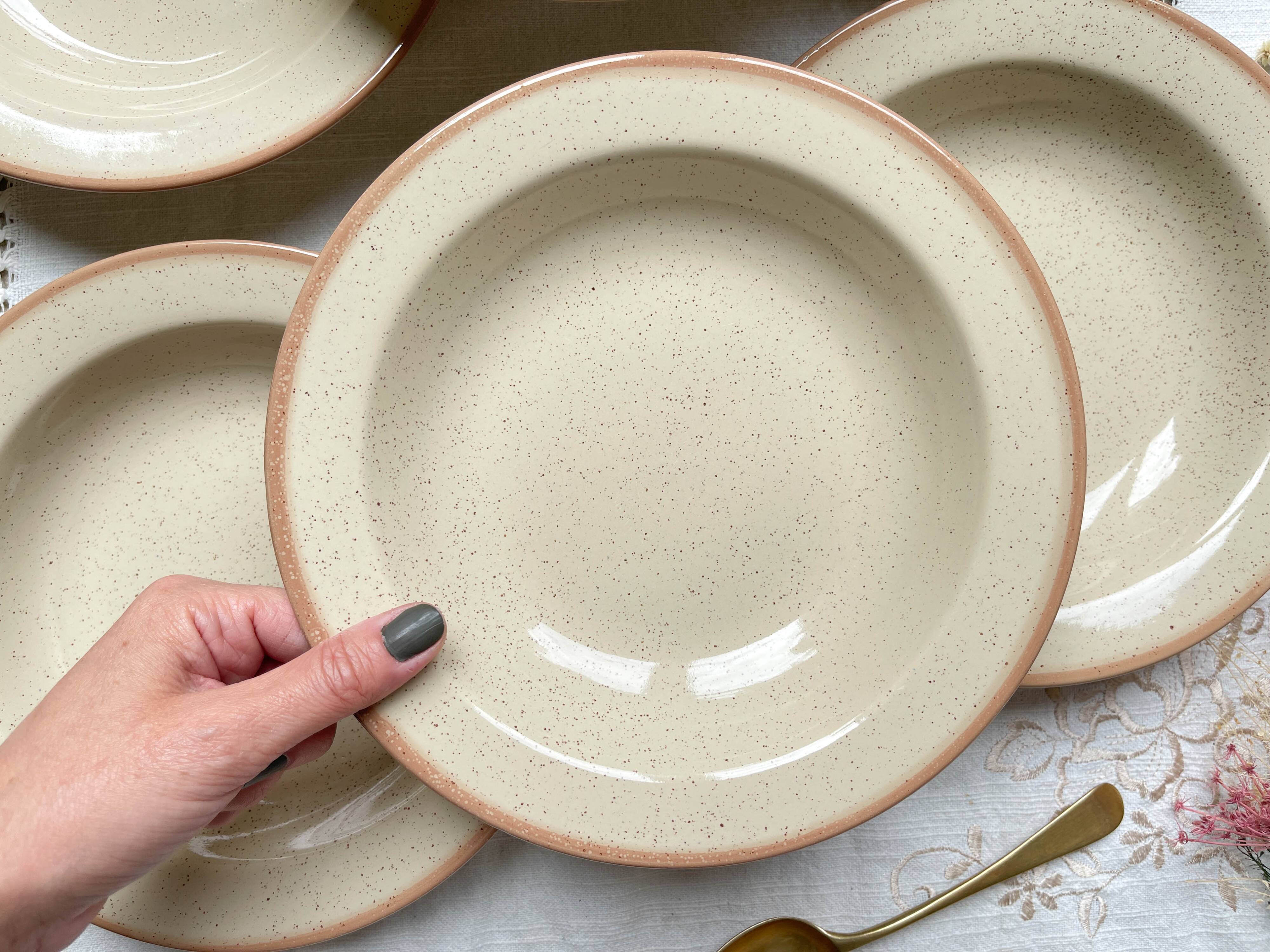 6 Deep plates in speckled beige stoneware, Tulowice style, Poland 1970
