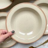 6 Deep plates in speckled beige stoneware, Tulowice style, Poland 1970