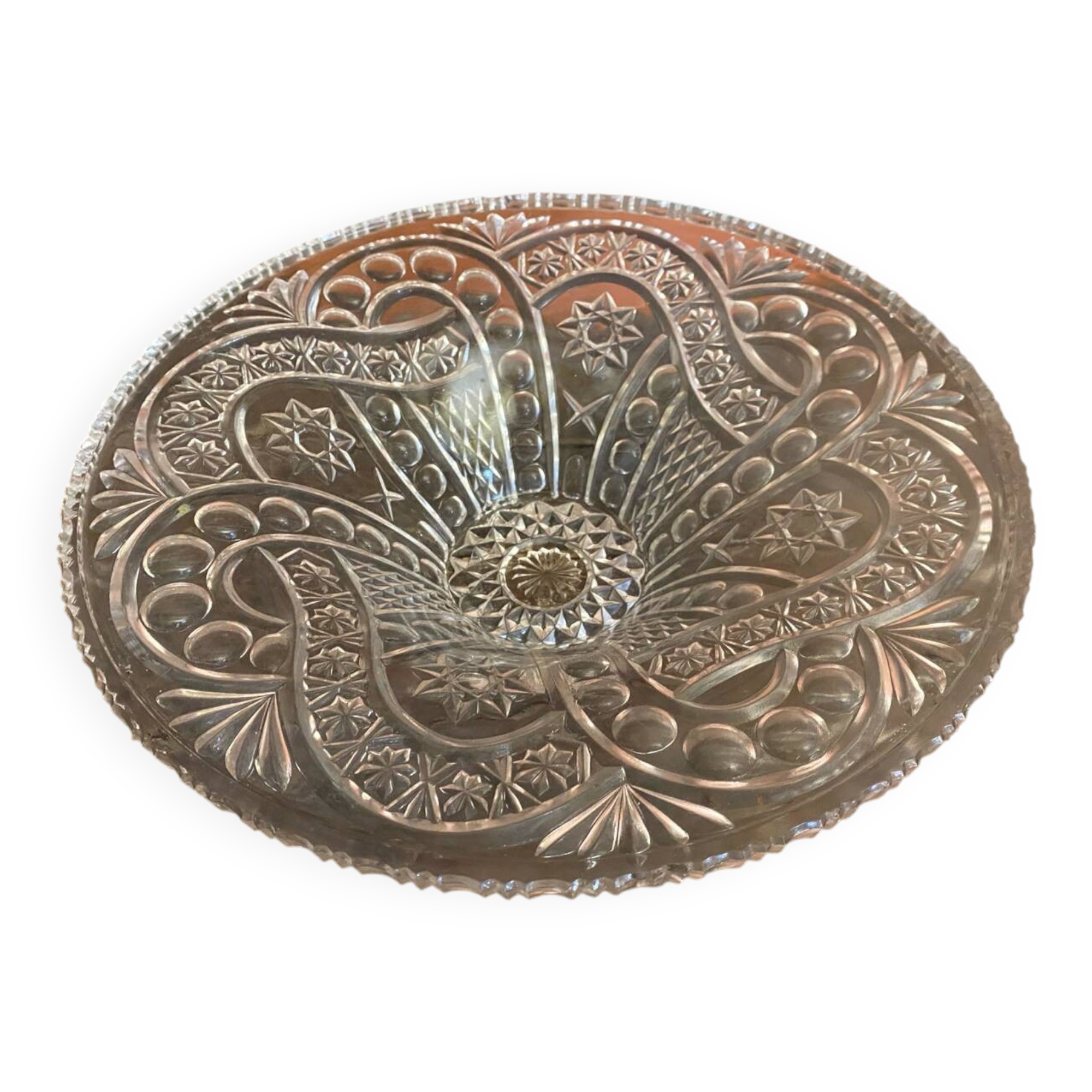 Vintage Cut Glass Fruit Bowl with Chiseled Decoration #D660