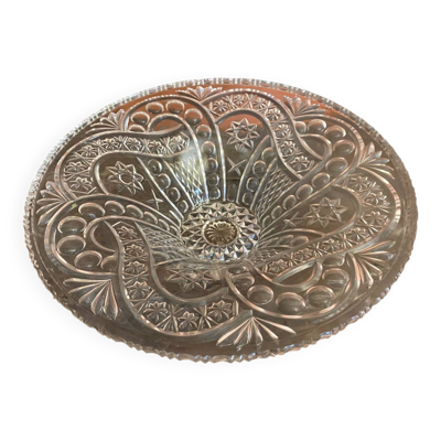Coupe à Fruits Ancienne Plat En Verre Moulé Décor Ciselé Vintage #D660