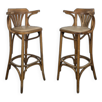 Paire de tabourets de bar bistrot en bois courbé