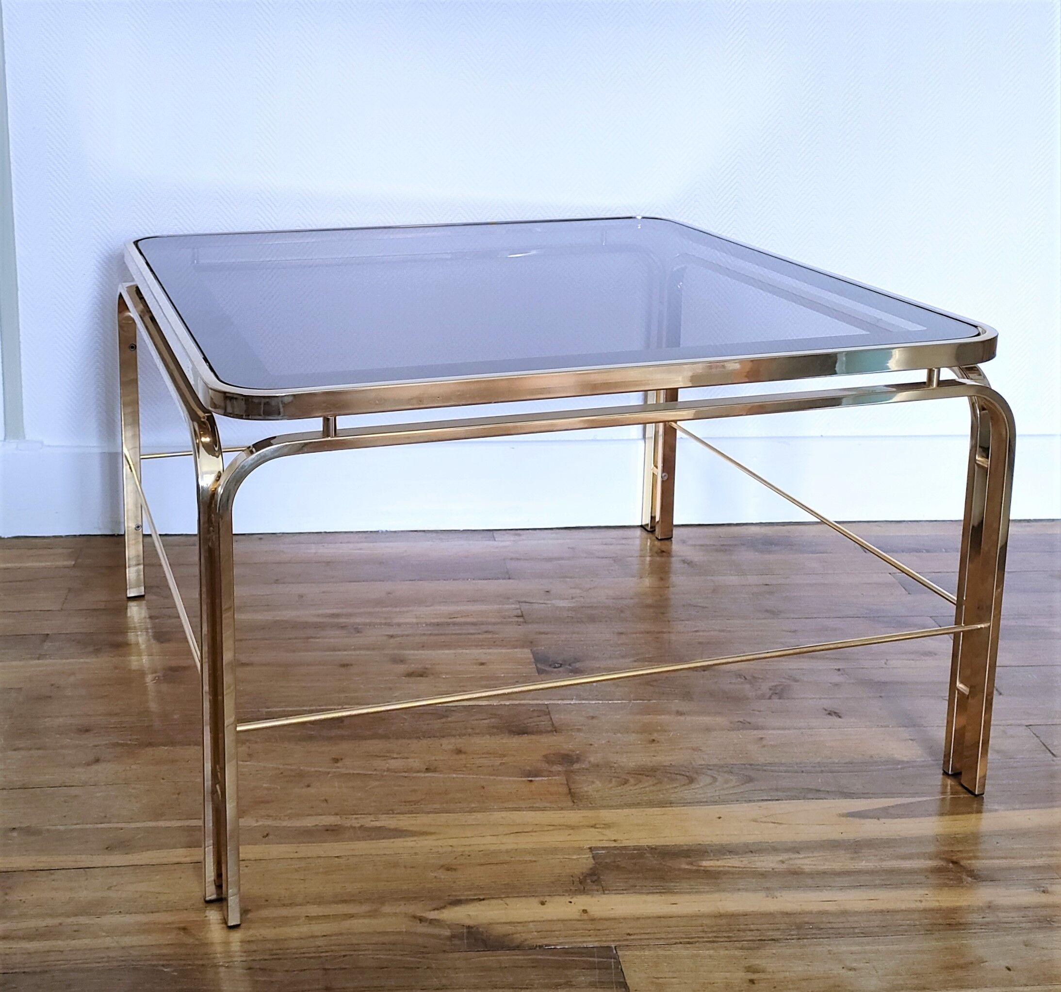 Coffee table glass smoked metal gilded Italian design 80s stamped